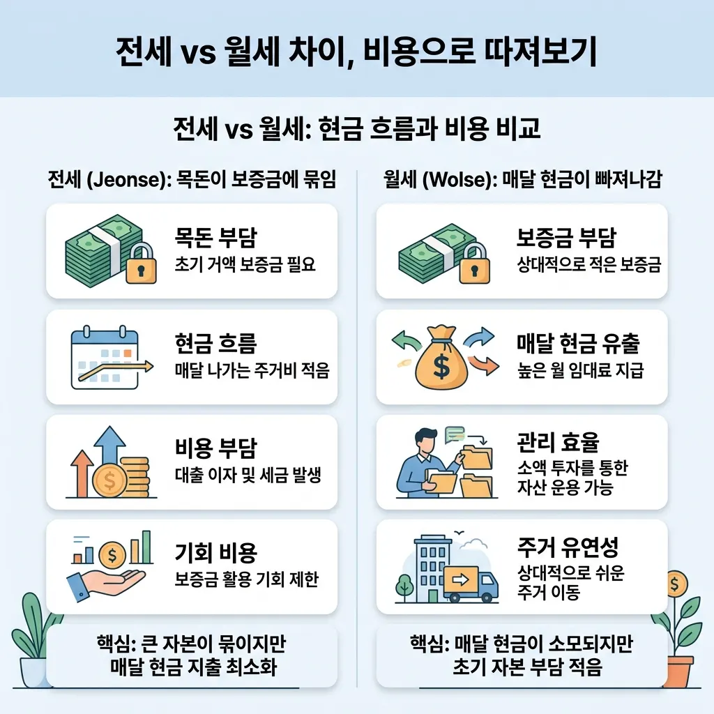 전세와 월세의 자금 흐름 차이를 보여주는 비교 도식