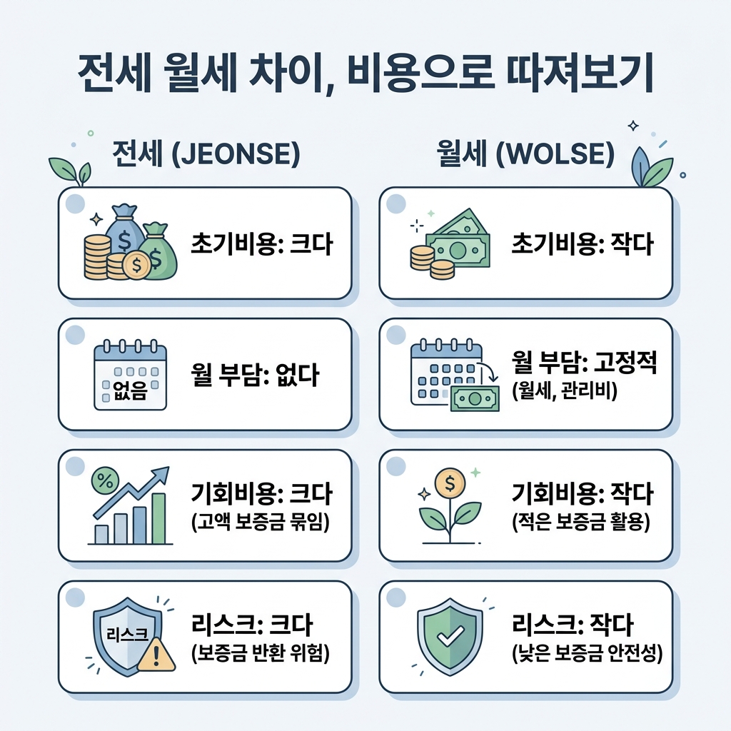 전세 월세 비용을 초기비용 월부담 기회비용 리스크 네 축으로 비교한 표