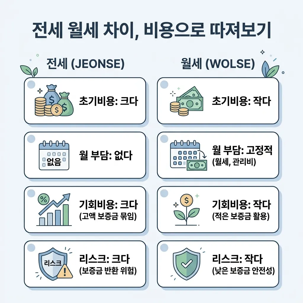 전세 월세 비용을 초기비용 월부담 기회비용 리스크 네 축으로 비교한 표