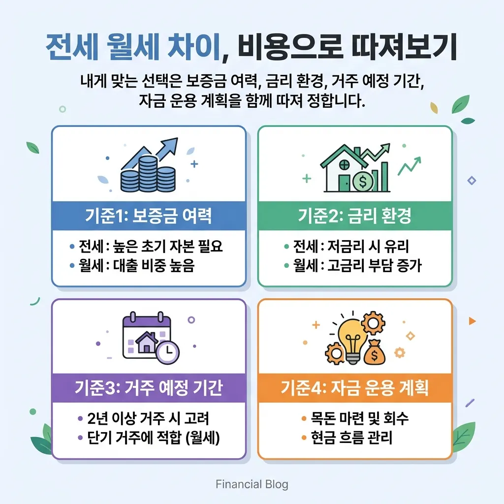 전세 월세 선택 기준을 보증금 금리 거주기간 운용계획으로 정리한 도식