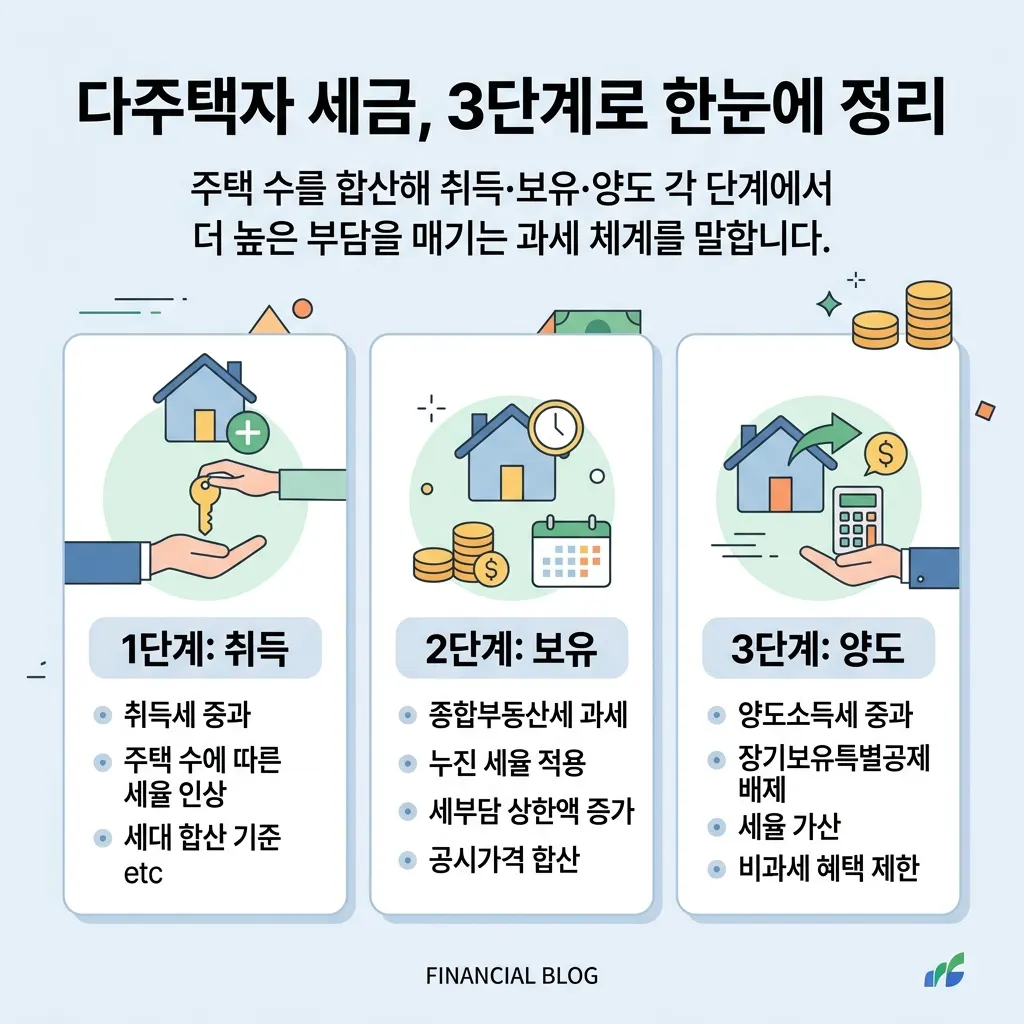 다주택자 세금이 취득 보유 양도 세 단계로 이어지는 전체 흐름을 보여주는 도식