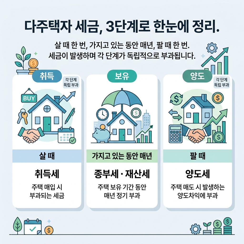 취득 보유 양도 단계별로 발생하는 세금 종류를 라벨로 정리한 도식