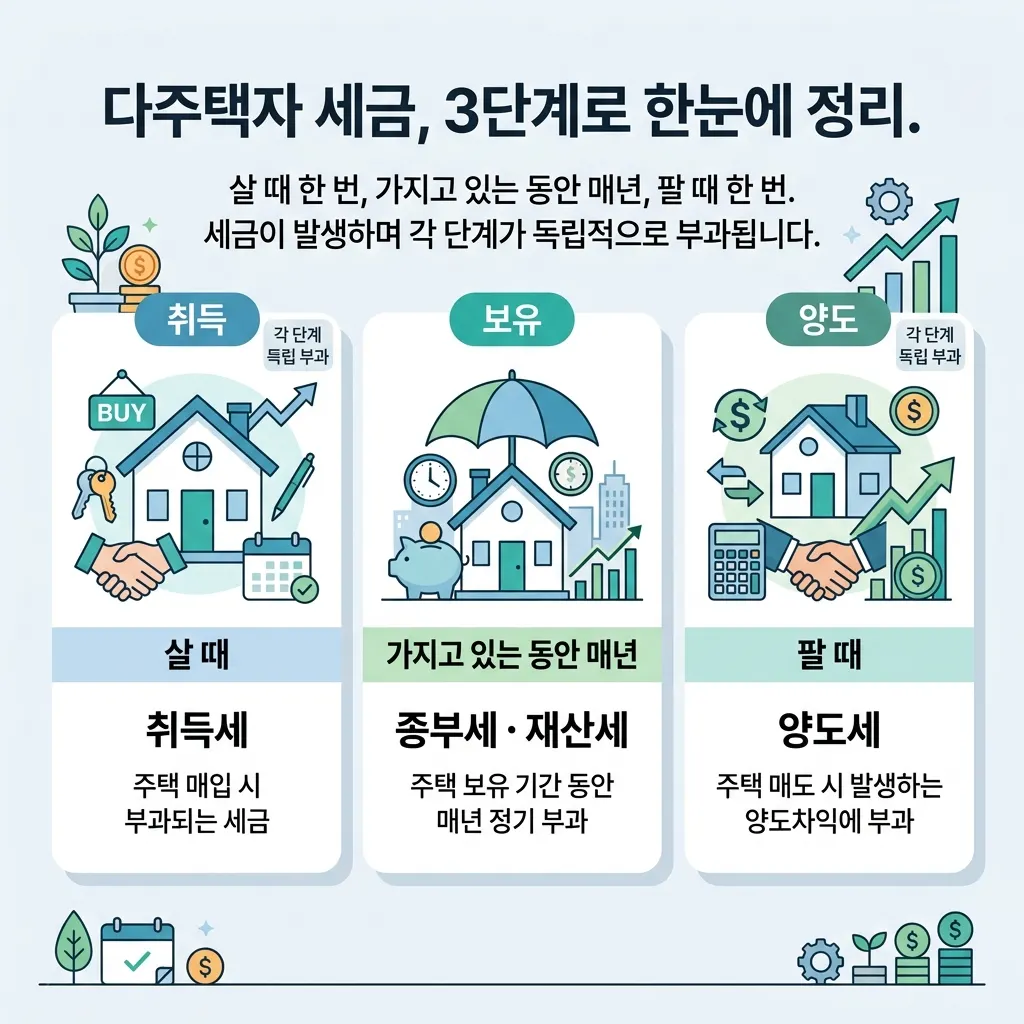취득 보유 양도 단계별로 발생하는 세금 종류를 라벨로 정리한 도식