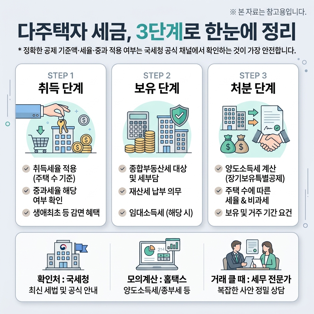 다주택자 세금을 국세청과 홈택스에서 확인하는 단계를 정리한 이미지
