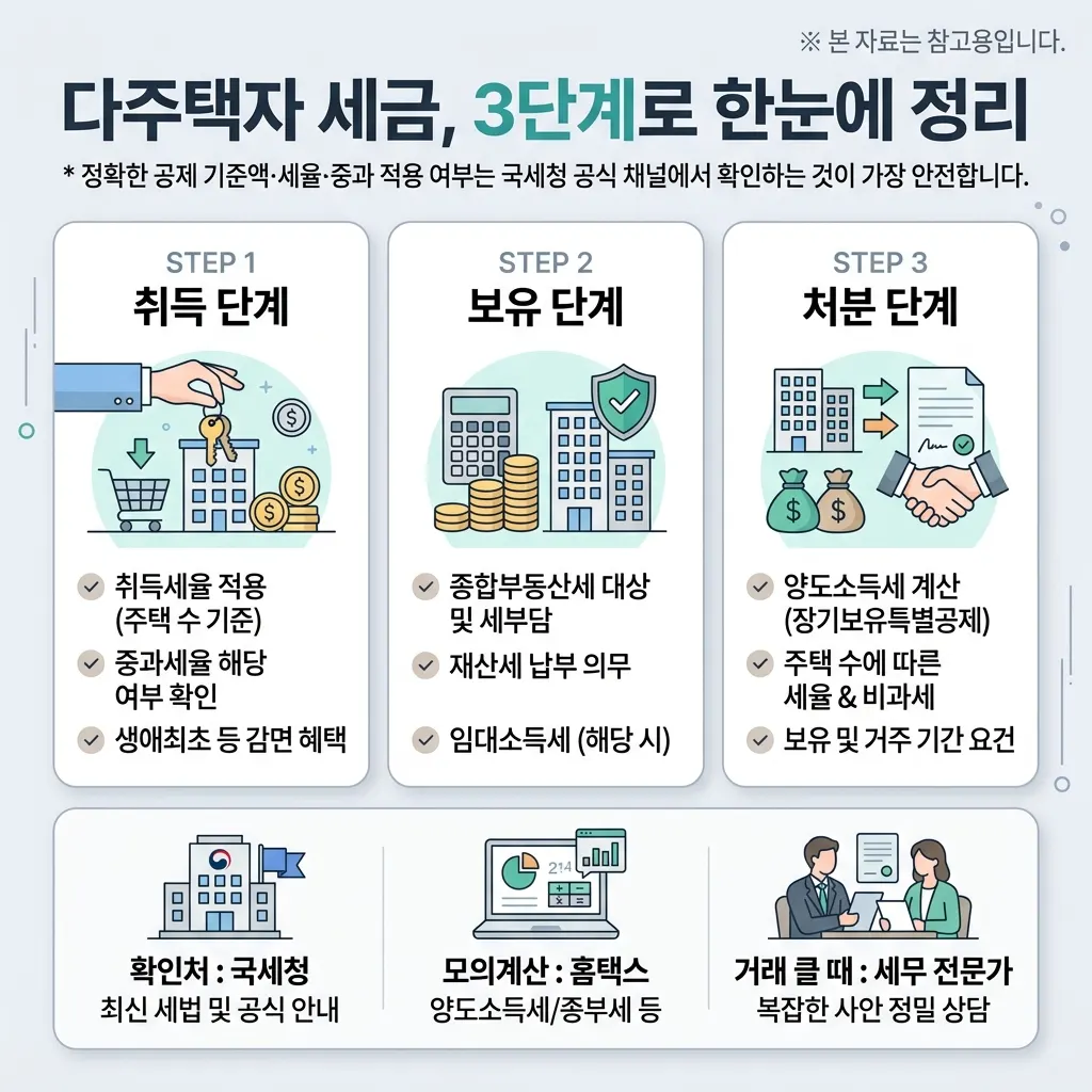 다주택자 세금을 국세청과 홈택스에서 확인하는 단계를 정리한 이미지