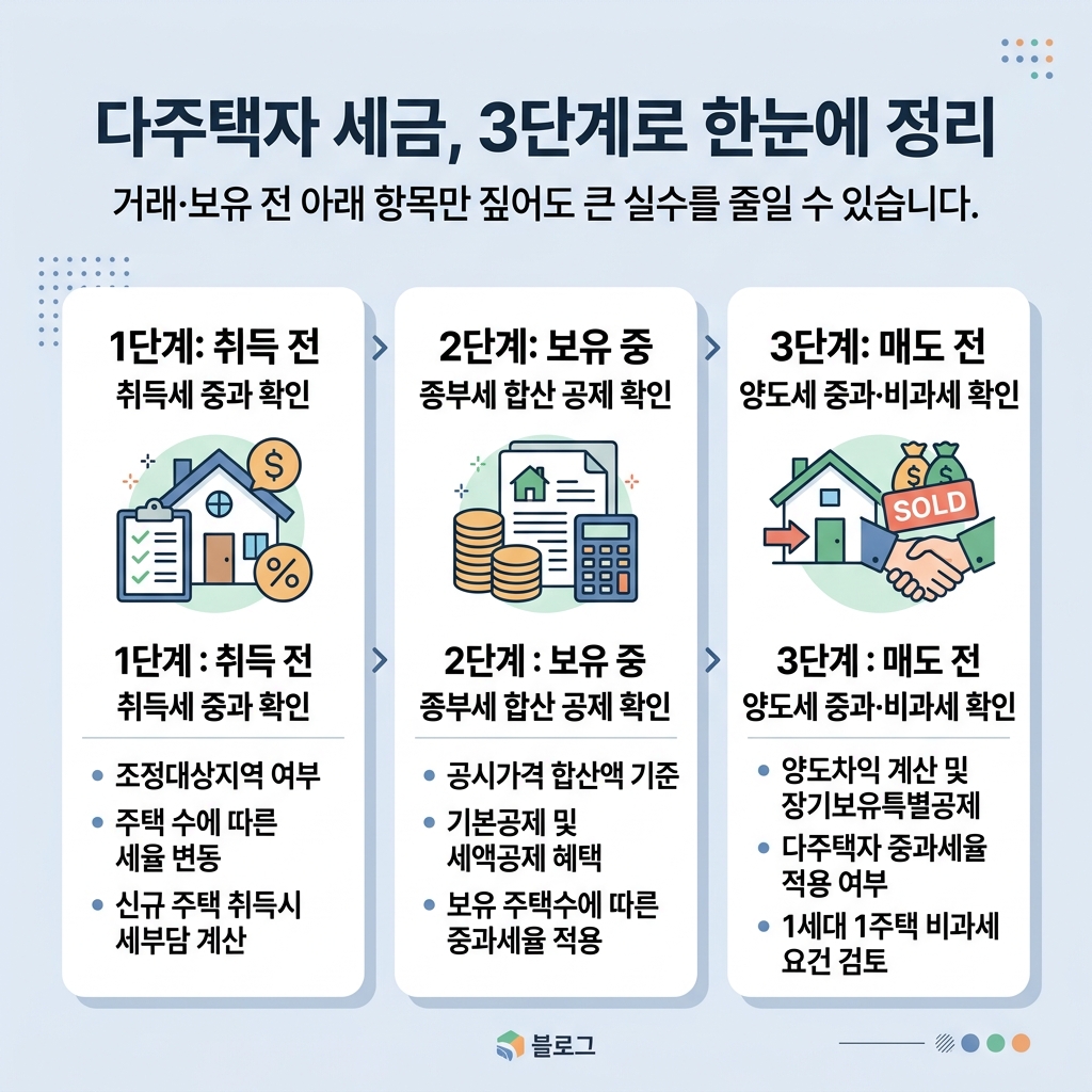 다주택자 세금 점검 항목을 취득 보유 양도 단계별 체크 목록으로 정리한 이미지