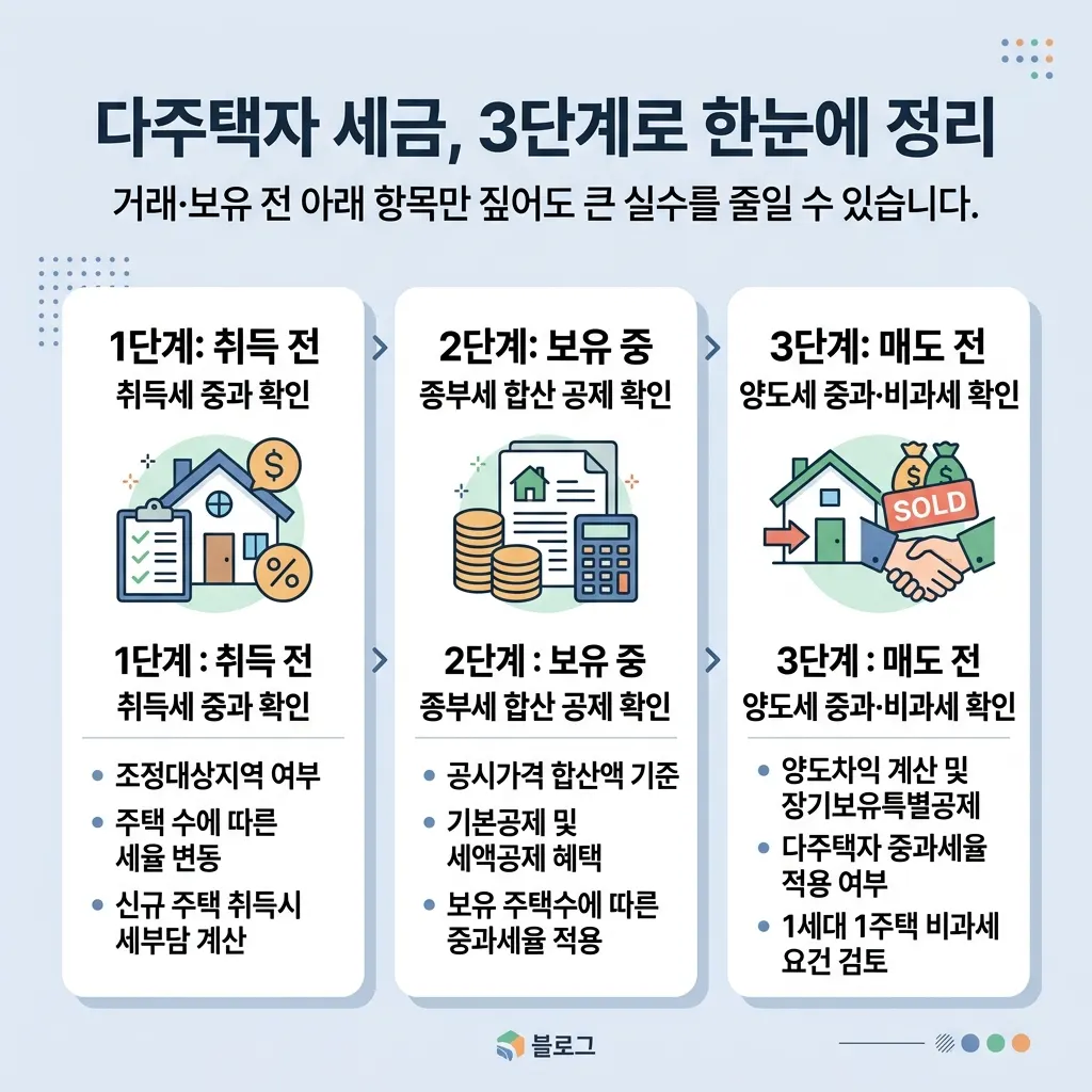 다주택자 세금 점검 항목을 취득 보유 양도 단계별 체크 목록으로 정리한 이미지