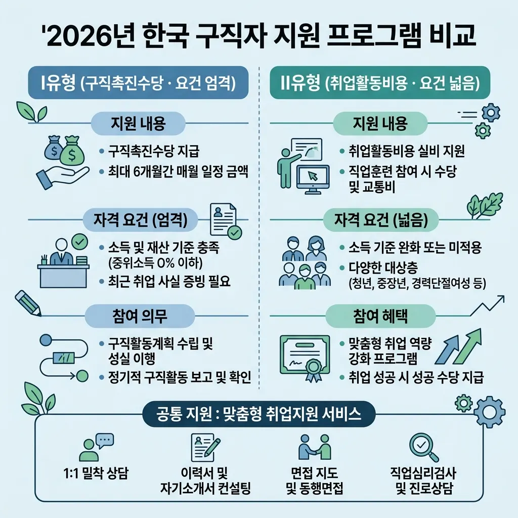 국민취업지원제도 I유형과 II유형 지원 구조를 비교한 도식