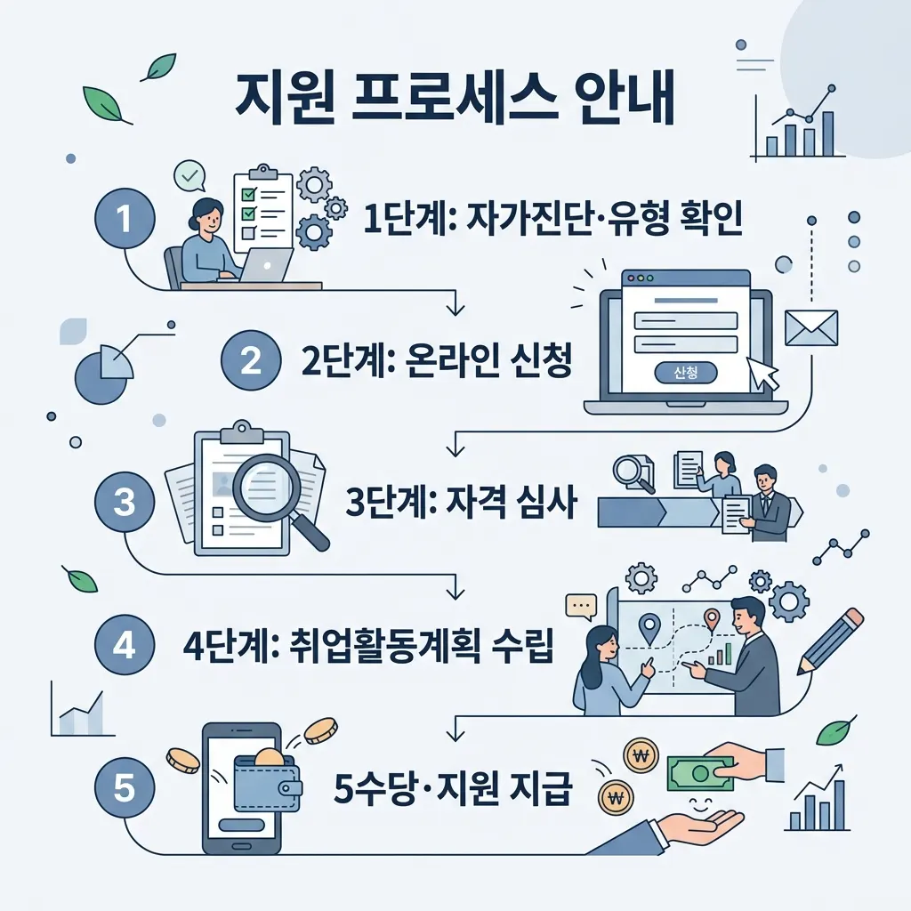 국민취업지원제도 신청부터 수당 지급까지 절차를 단계별로 나타낸 흐름도