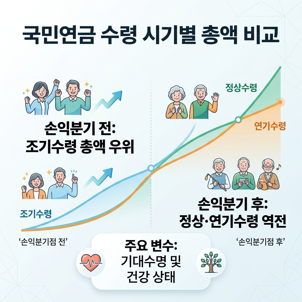 조기수령은 손익분기 이전엔 누적 총액이 앞서지만 오래 살수록 정상·연기수령이 역전하는 손익분기 개념도