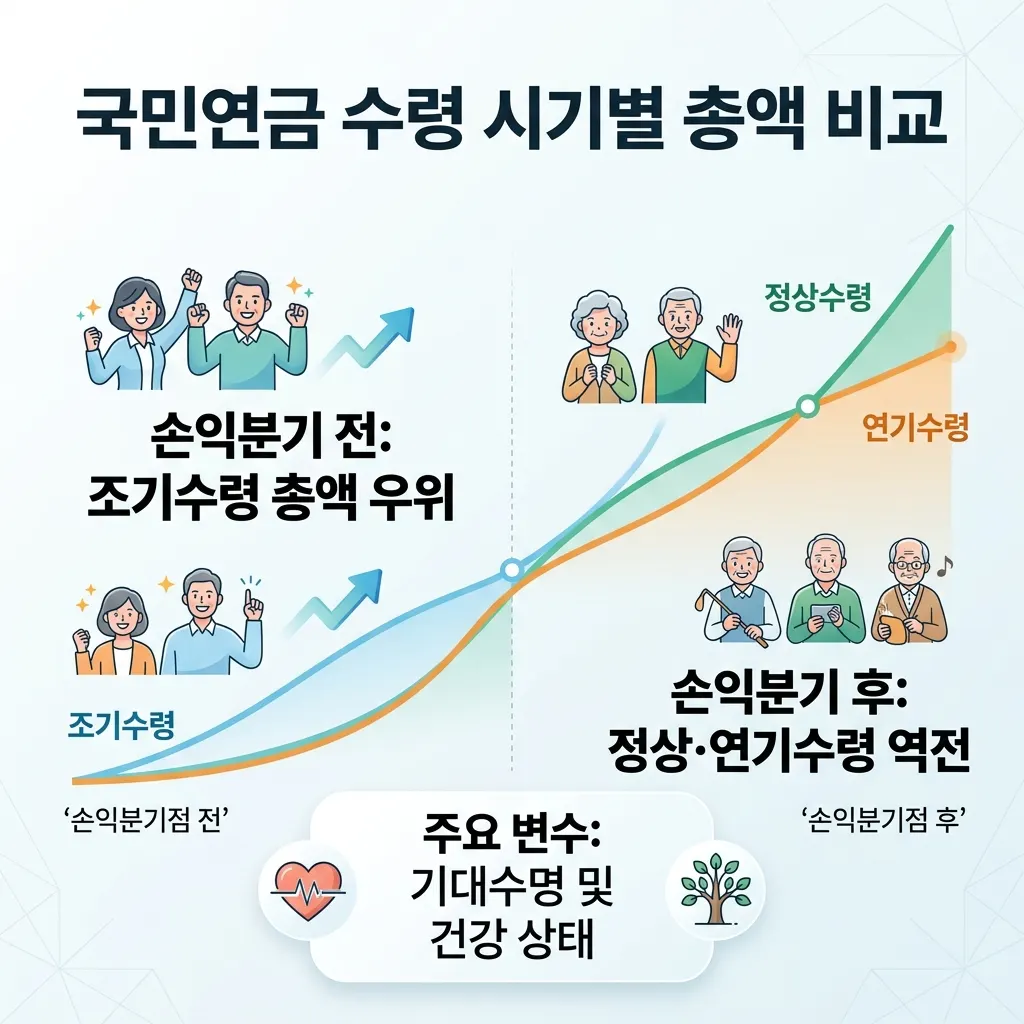 조기수령은 손익분기 이전엔 누적 총액이 앞서지만 오래 살수록 정상·연기수령이 역전하는 손익분기 개념도