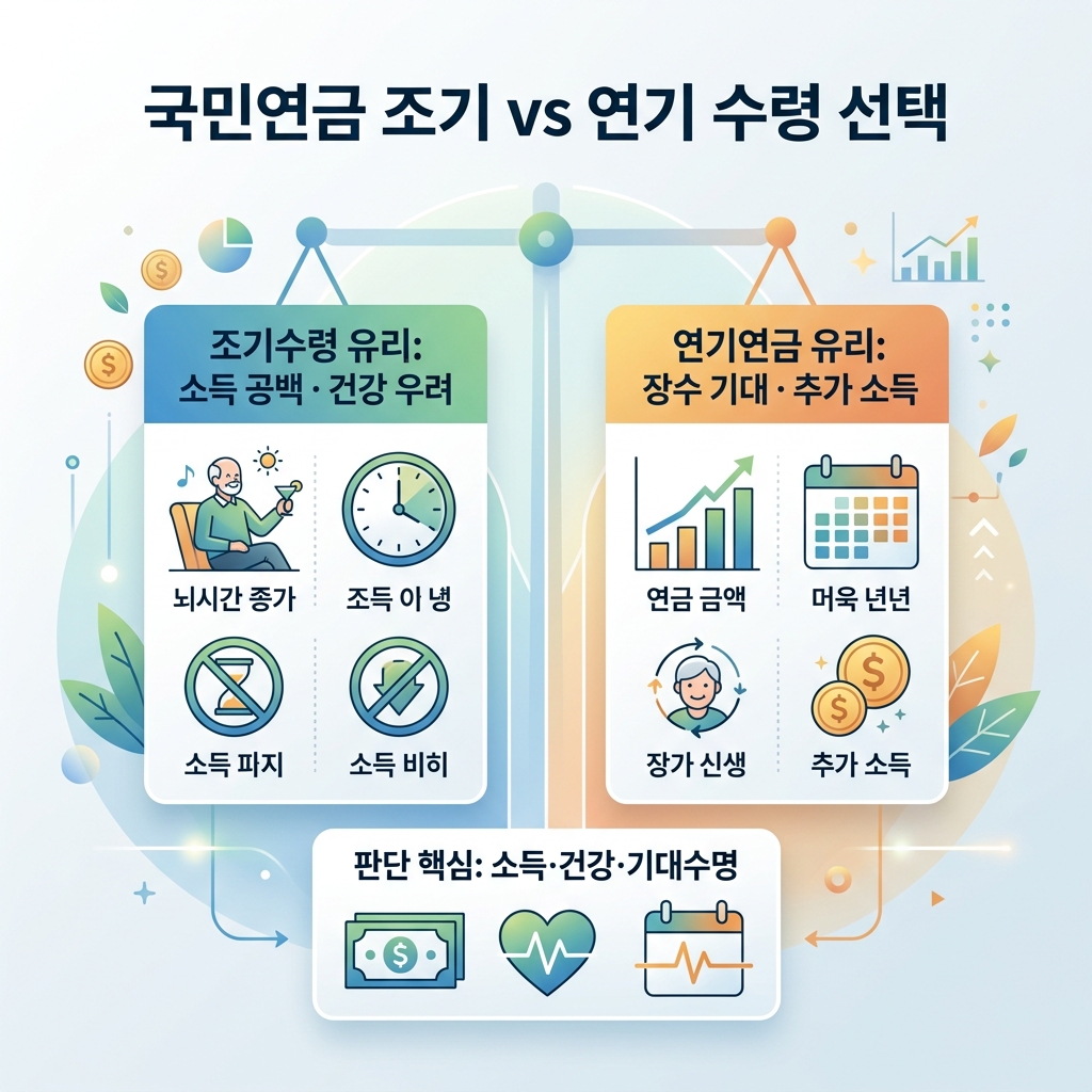 소득 공백·건강 우려가 있으면 조기수령, 장수 기대·추가 소득이 있으면 연기연금이 유리하다는 선택 기준 도식