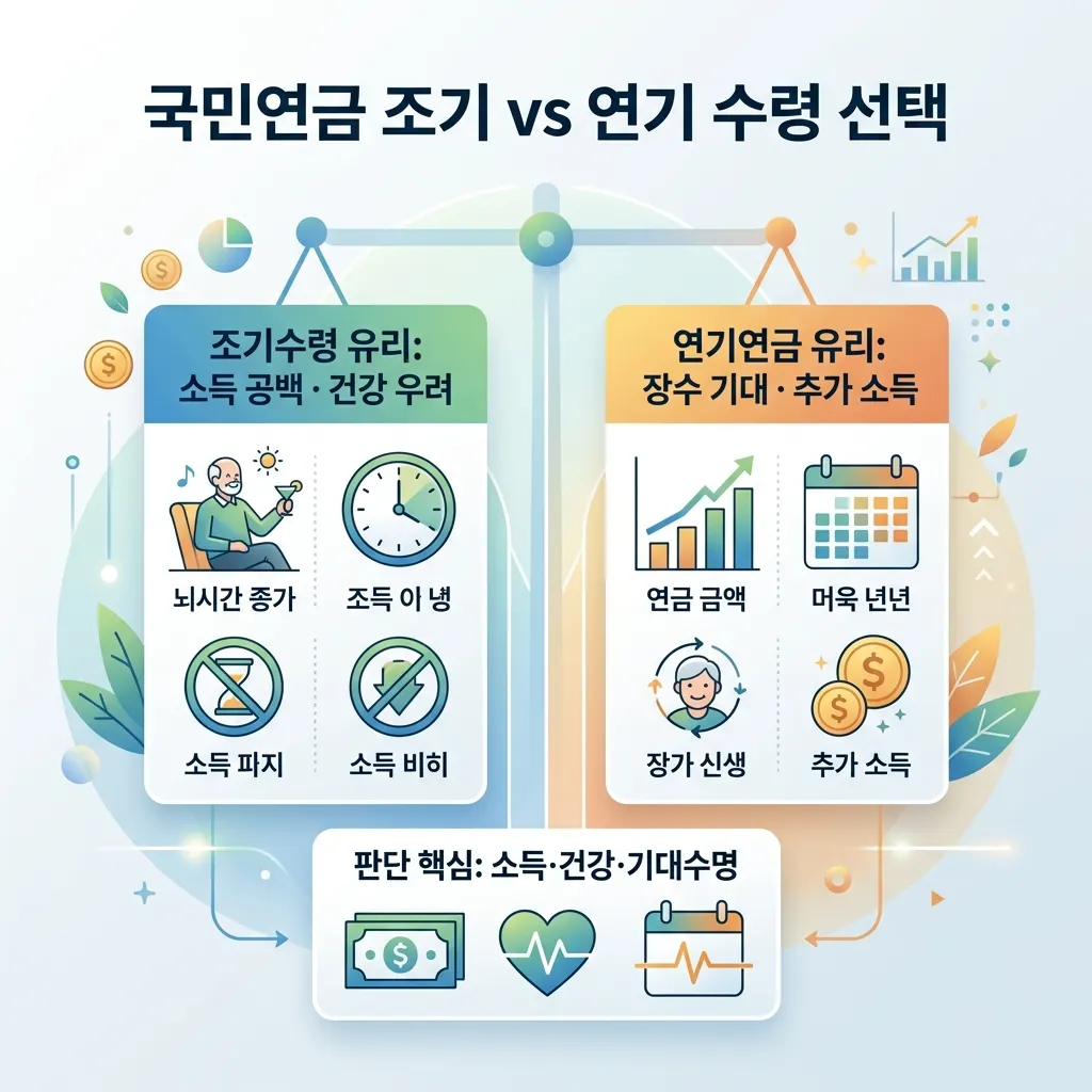 소득 공백·건강 우려가 있으면 조기수령, 장수 기대·추가 소득이 있으면 연기연금이 유리하다는 선택 기준 도식