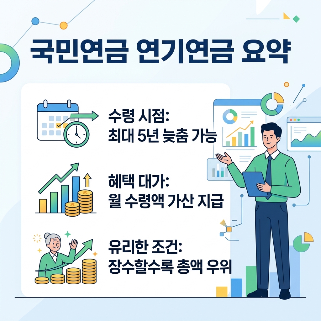 연기연금은 최대 5년 미뤄 월 수령액을 가산받으며 장수할수록 정상수령보다 총액이 커지는 구조 도식