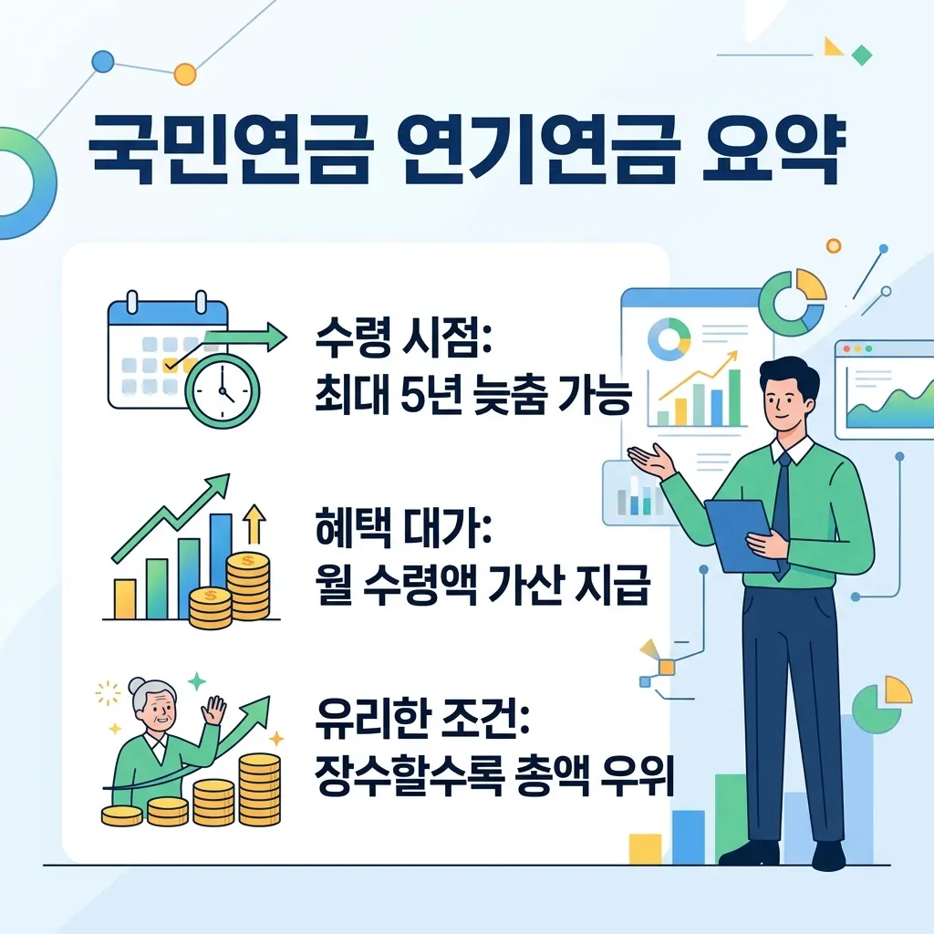 연기연금은 최대 5년 미뤄 월 수령액을 가산받으며 장수할수록 정상수령보다 총액이 커지는 구조 도식