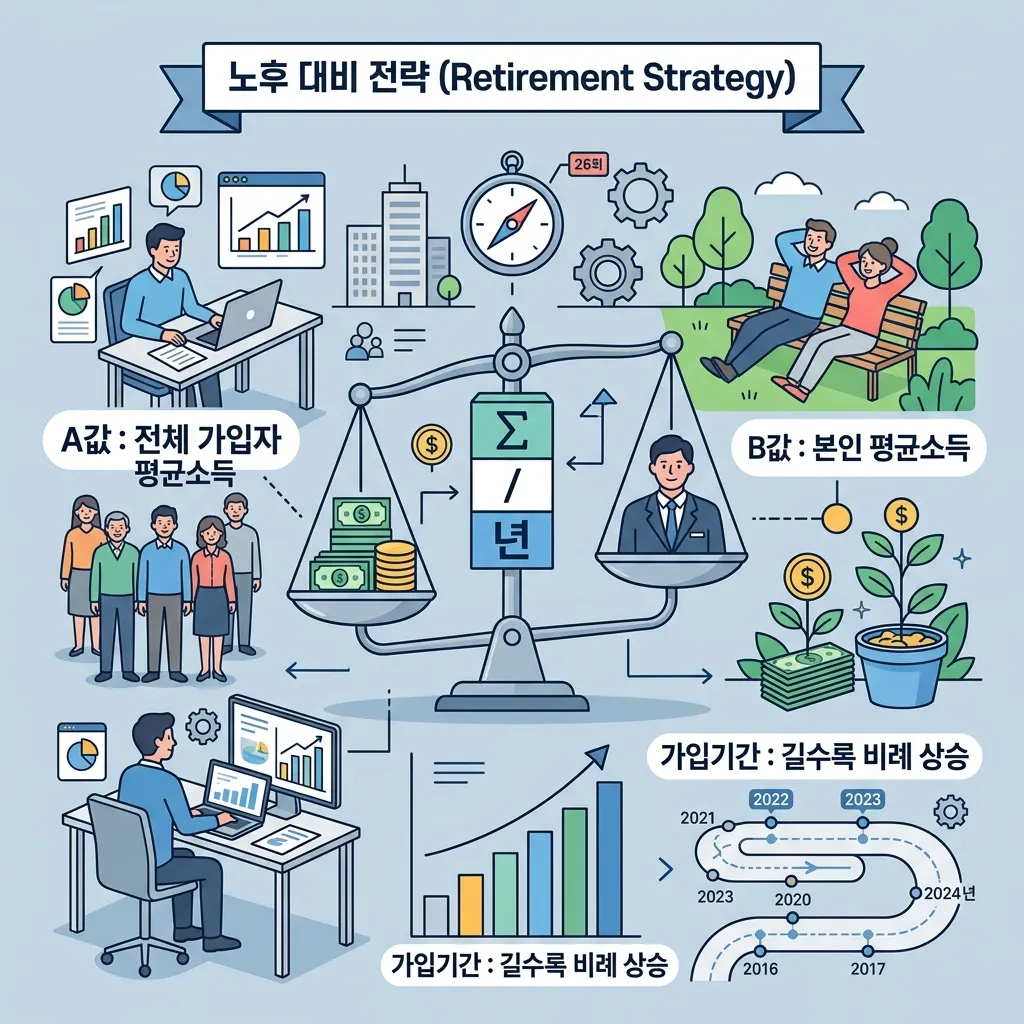 국민연금 연금액을 결정하는 A값 B값 가입기간 세 가지 요소 구조도