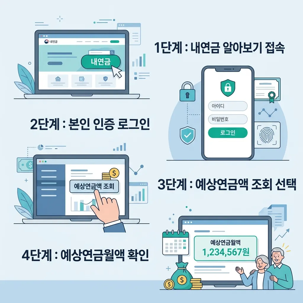국민연금 내연금 알아보기에서 예상 수령액을 조회하는 4단계 절차 도식