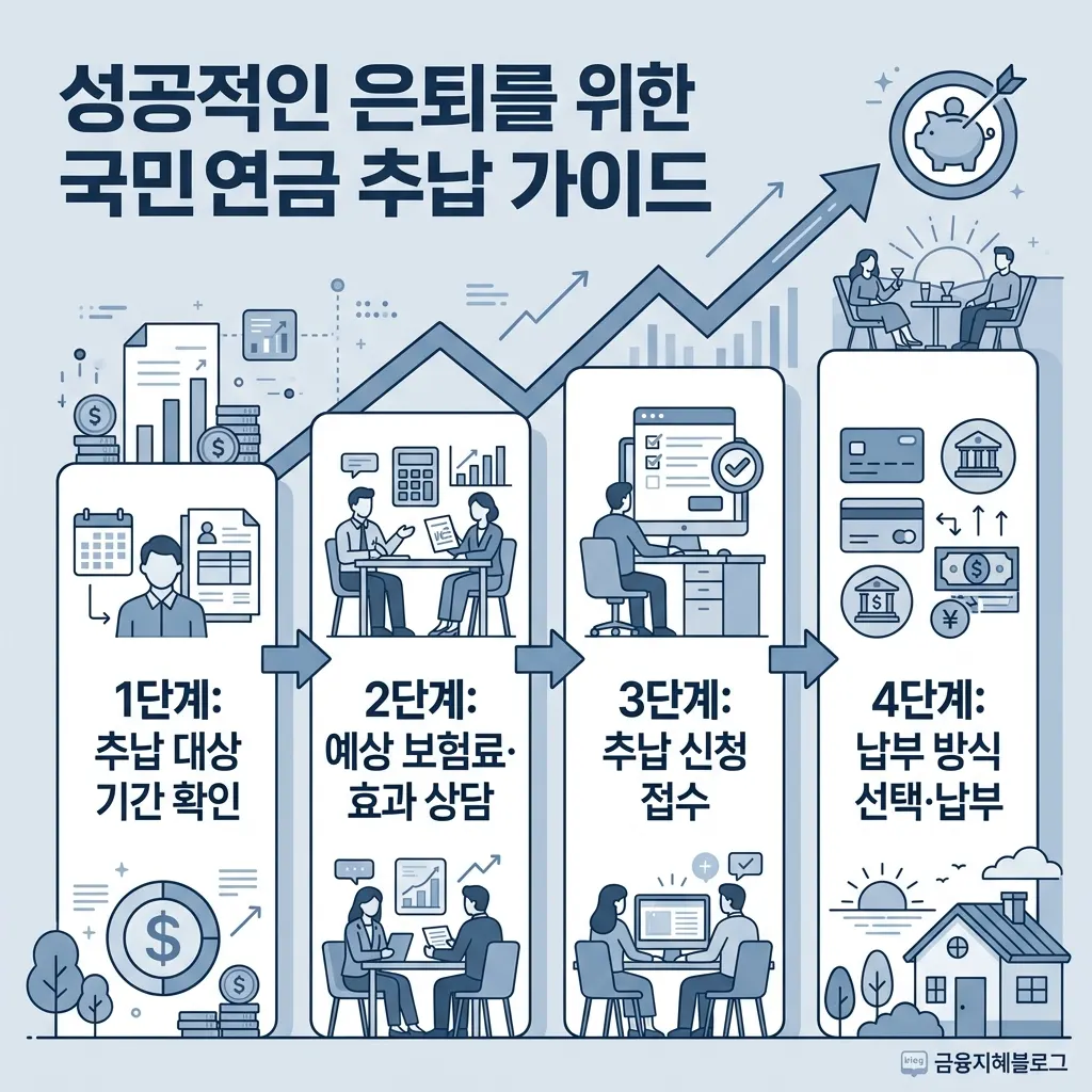 국민연금 추납 신청을 대상 기간 확인·상담·신청·납부 순서로 정리한 절차 도식