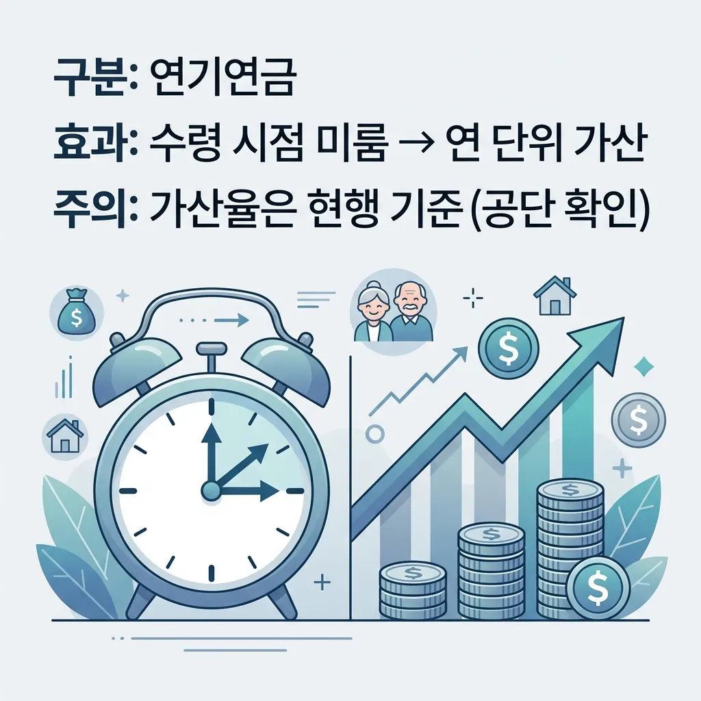 연기연금이 수령 시점을 미루는 대신 연 단위 가산을 더해 주는 구조를 시점 축으로 표현한 도식