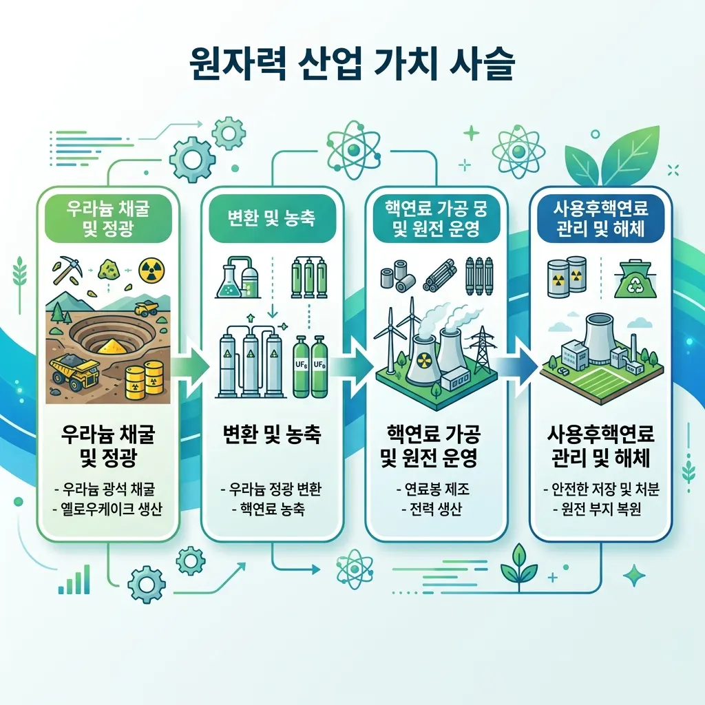 원전 산업을 주기기·설계·정비·기자재 네 단계로 구분한 도식