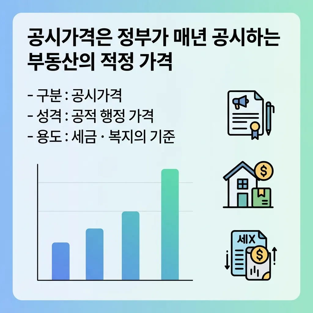 공시가격이 시세와 별개의 행정 가격이며 세금과 복지의 기준이 됨을 정리한 도식