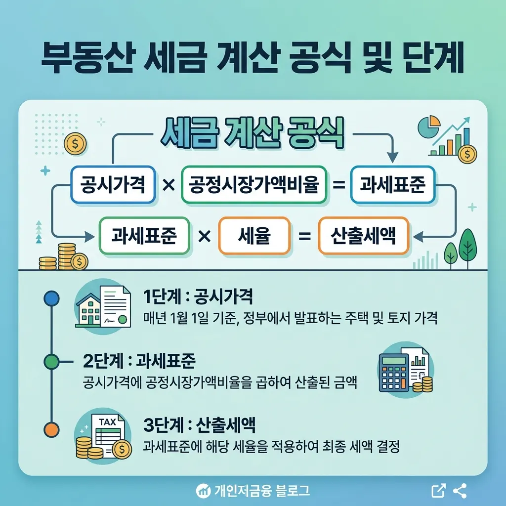 공시가격에서 공정시장가액비율을 거쳐 과세표준과 산출세액으로 이어지는 연동 구조 도식