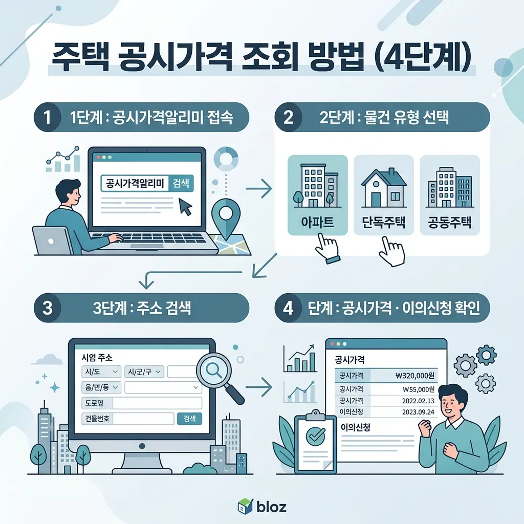공시가격 조회와 이의신청 절차를 단계별로 정리한 안내 도식