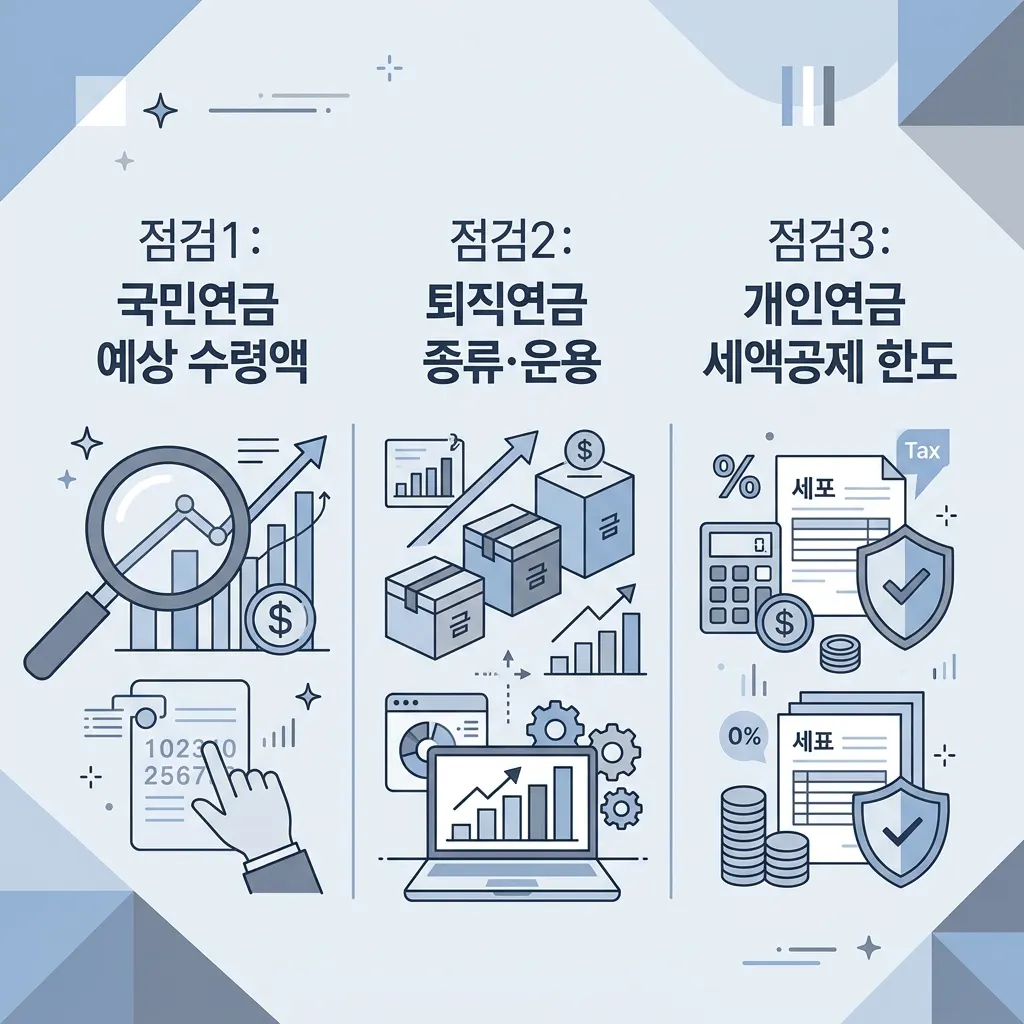 연금 재테크 실천을 위해 점검할 3가지 항목을 정리한 체크리스트 도식
