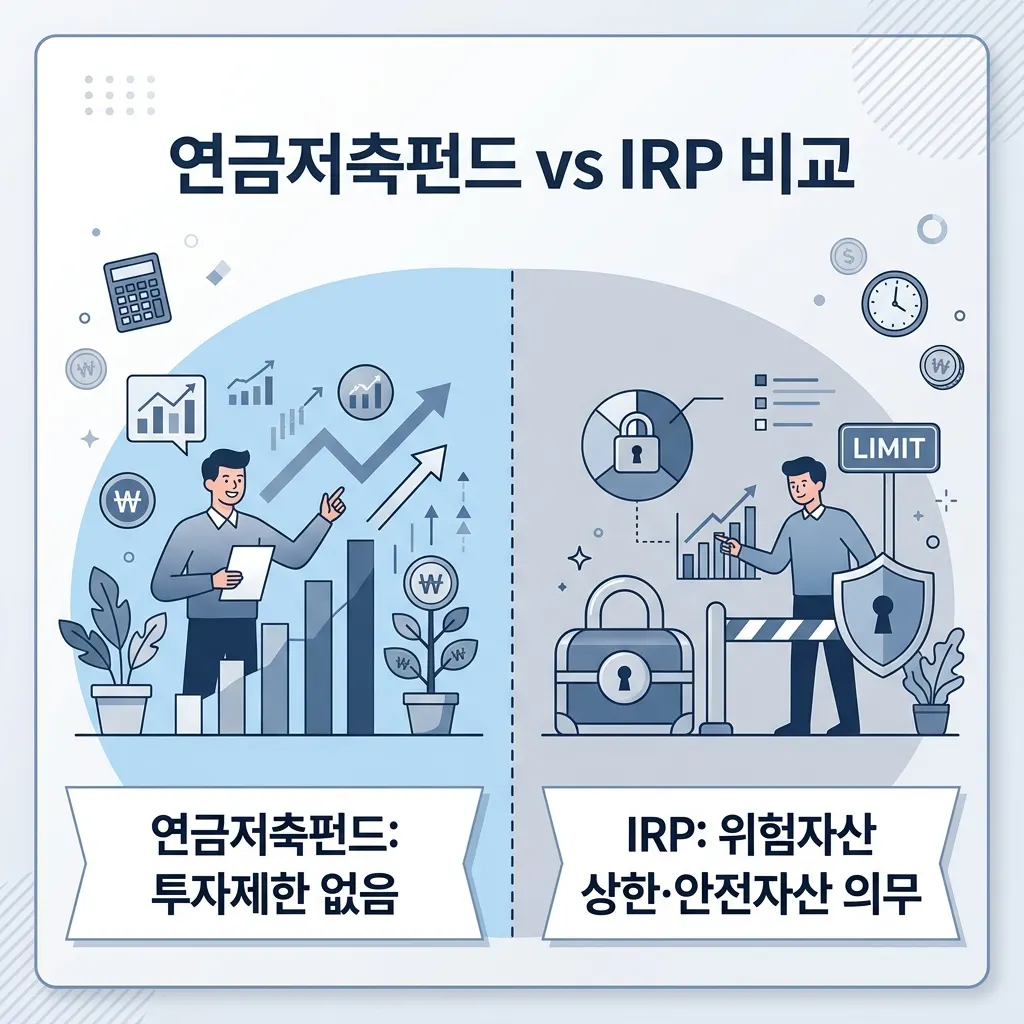연금저축펀드와 IRP의 투자제한과 중도인출 차이를 비교한 도식