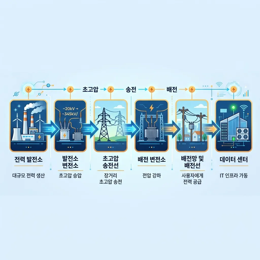 발전소에서 데이터센터까지 전력이 전달되는 변압·송배전 경로를 표현한 도식