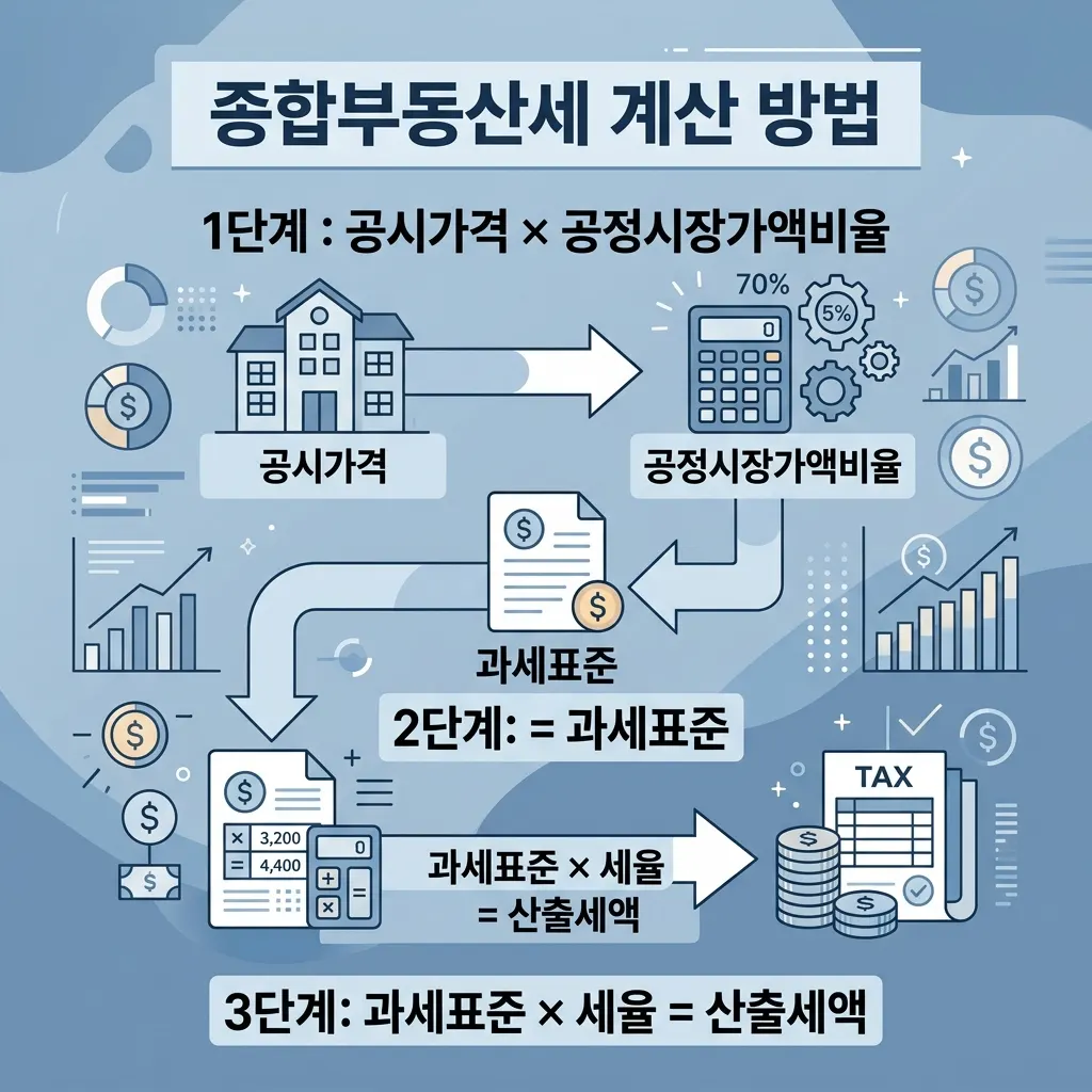 공시가격에서 과세표준을 거쳐 산출세액까지 이어지는 재산세 계산 구조 도식