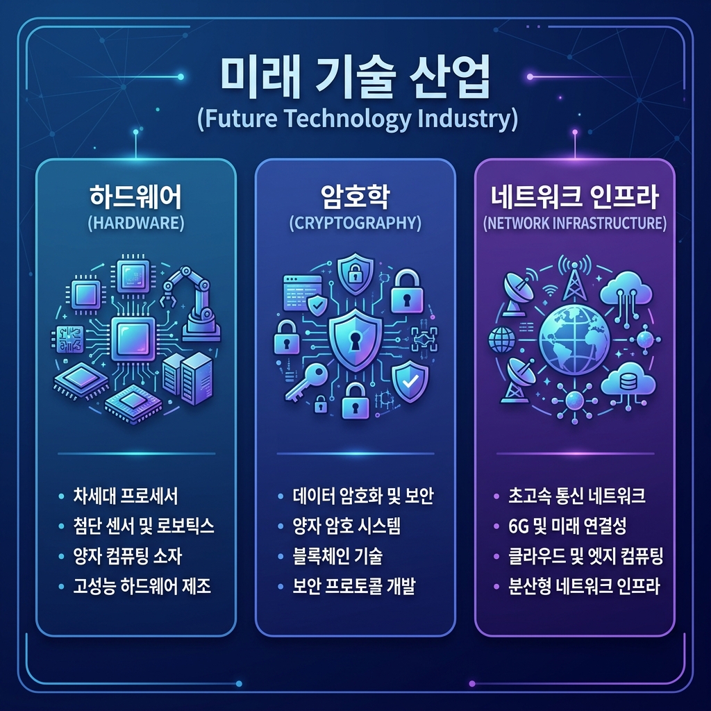 양자컴퓨터 관련 산업을 하드웨어·양자암호·통신 인프라로 구분한 도식