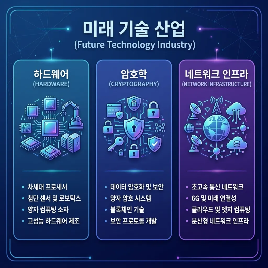 양자컴퓨터 관련 산업을 하드웨어·양자암호·통신 인프라로 구분한 도식