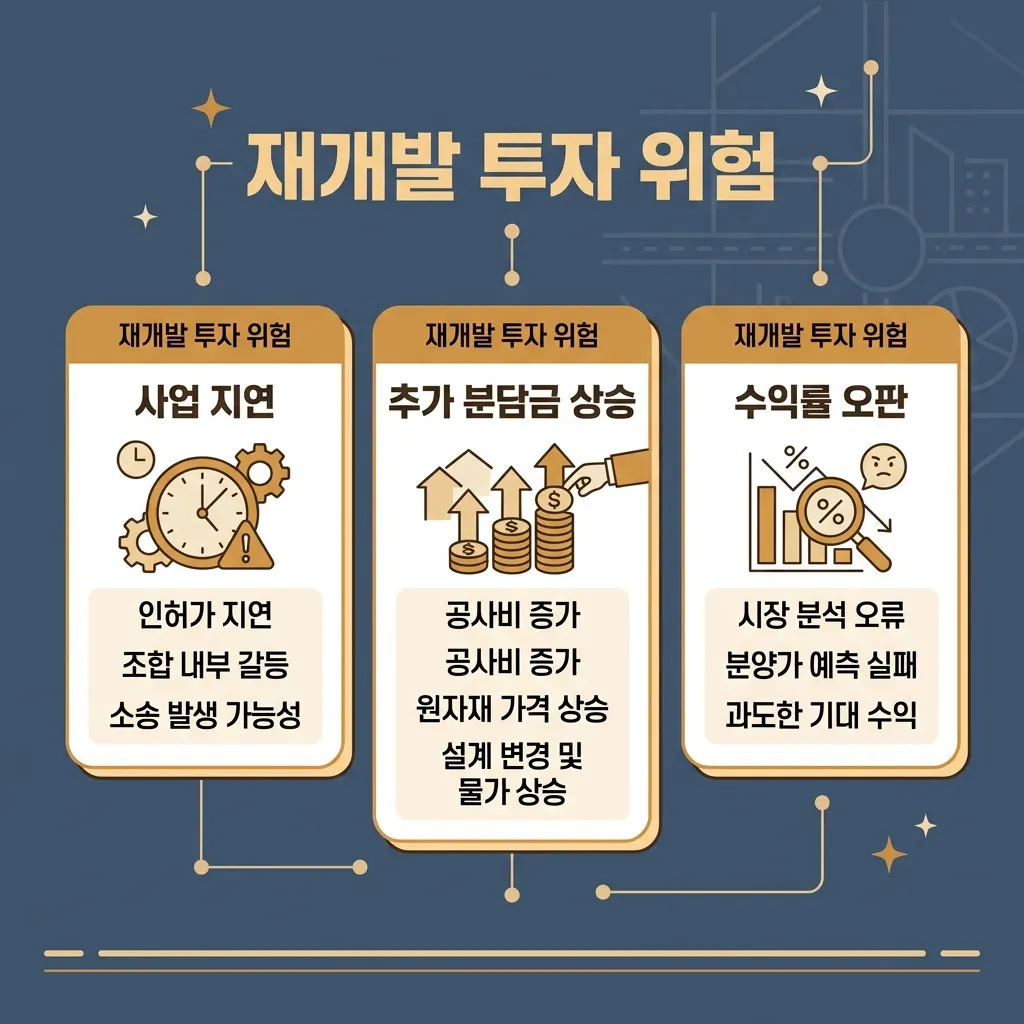 재개발 투자에서 사업 지연과 분담금 증가 같은 주요 리스크를 정리한 주의 도식