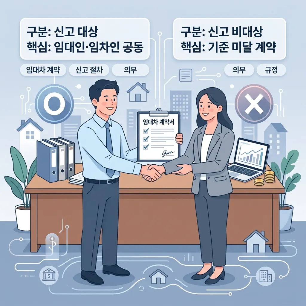 전월세 신고제 신고 대상과 비대상을 보증금·월세 기준으로 나눈 도식