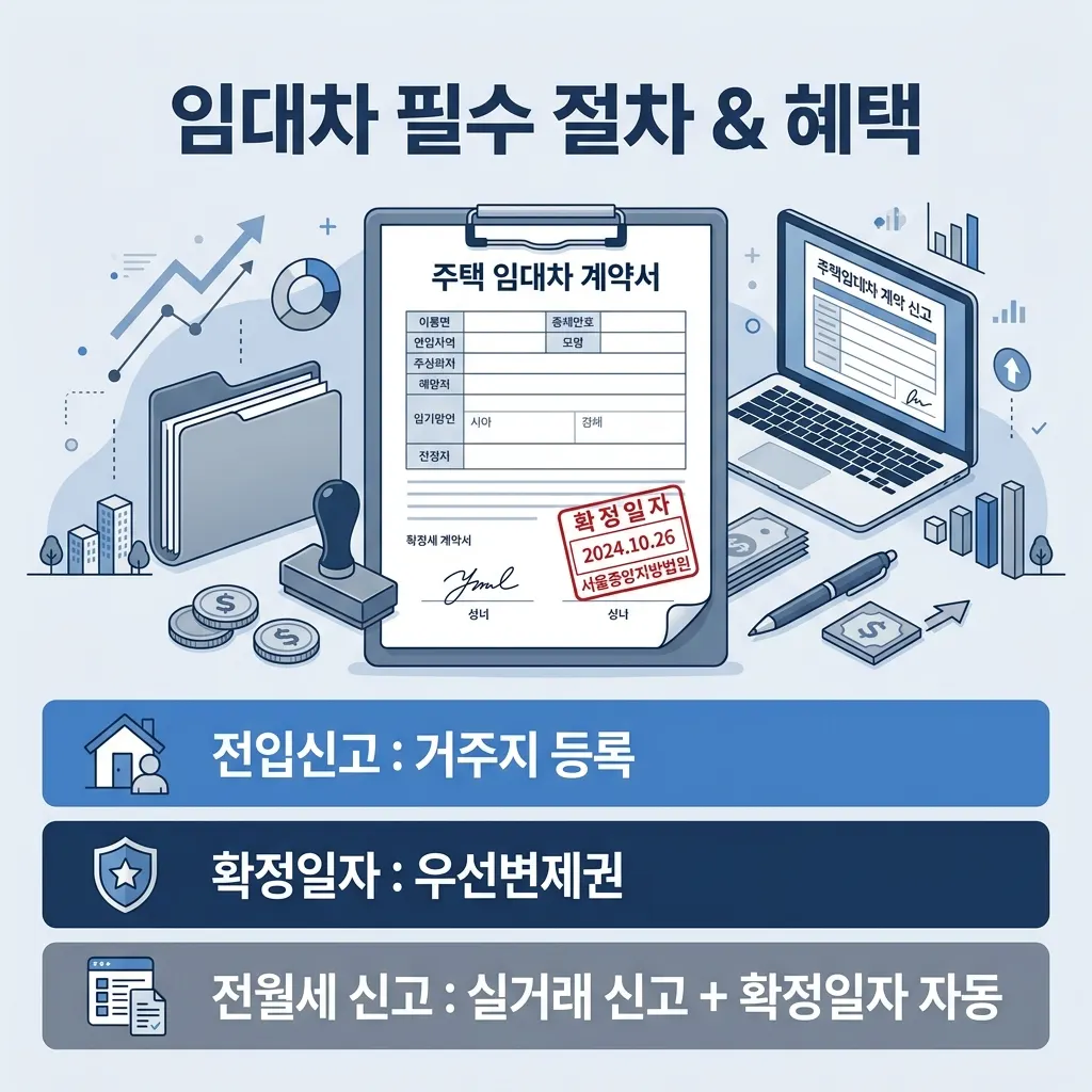 전입신고 확정일자 전월세 신고 세 제도의 목적과 차이를 비교한 도식