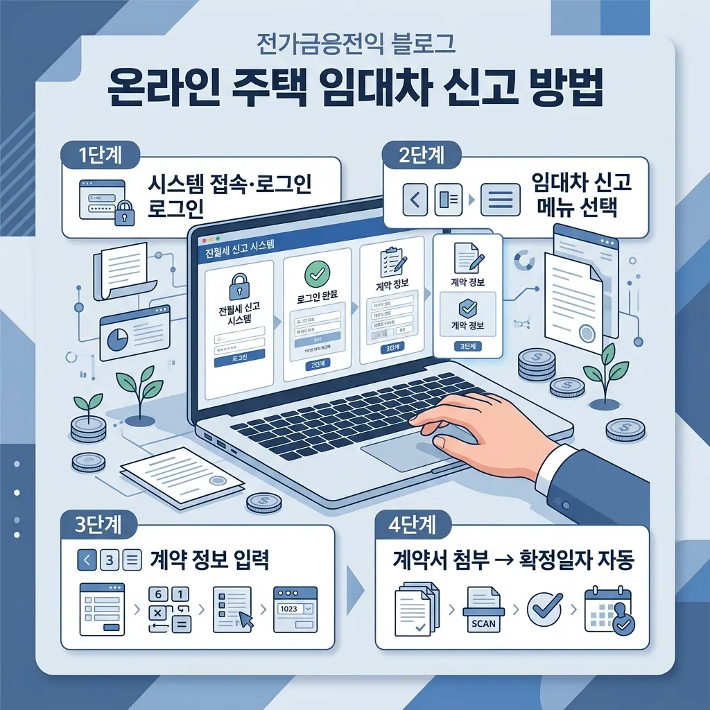 부동산거래관리시스템에서 전월세 온라인 신고를 진행하는 단계별 절차 도식