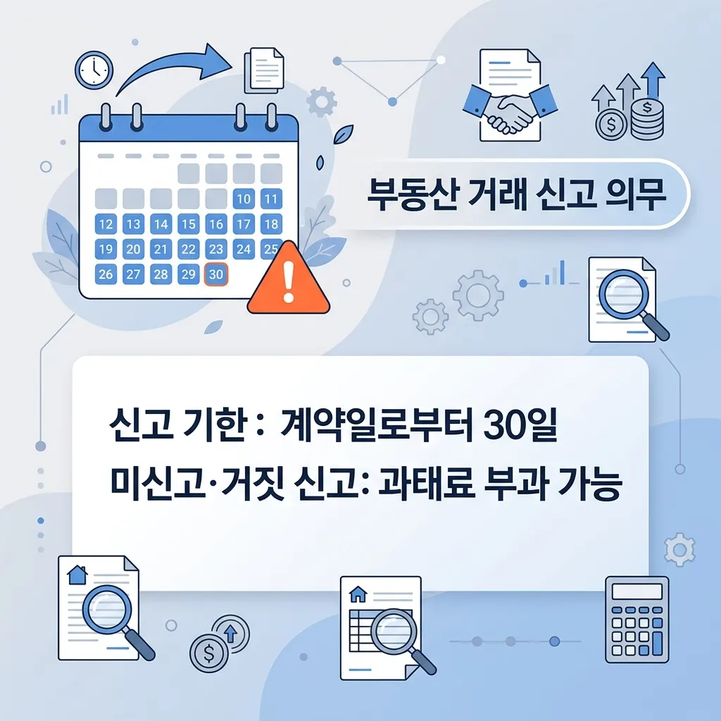 전월세 신고 기한 30일과 미신고 시 과태료 주의사항을 강조한 도식