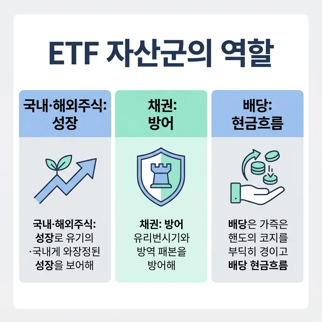 국내주식 해외주식 채권 배당 ETF의 역할을 비교한 자산군 도식