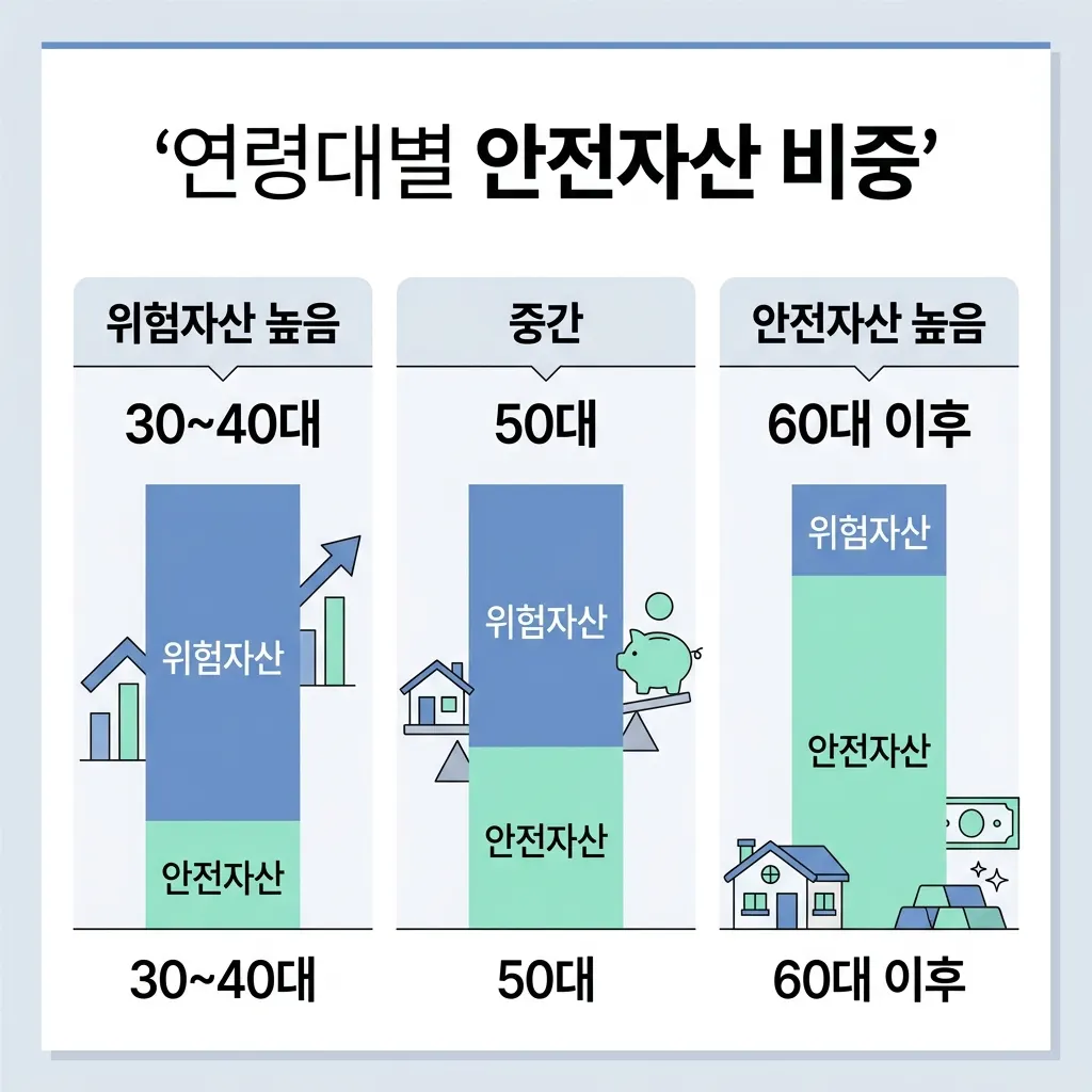 30대부터 60대 이후까지 연령대별 위험자산 안전자산 비중 변화를 나타낸 도식