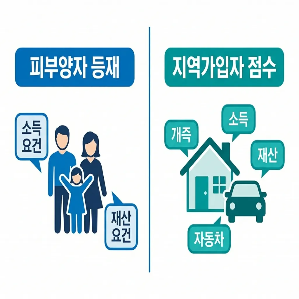 은퇴 후 피부양자 등재 소득·재산 요건과 지역가입자 점수 관리 항목 비교 도식