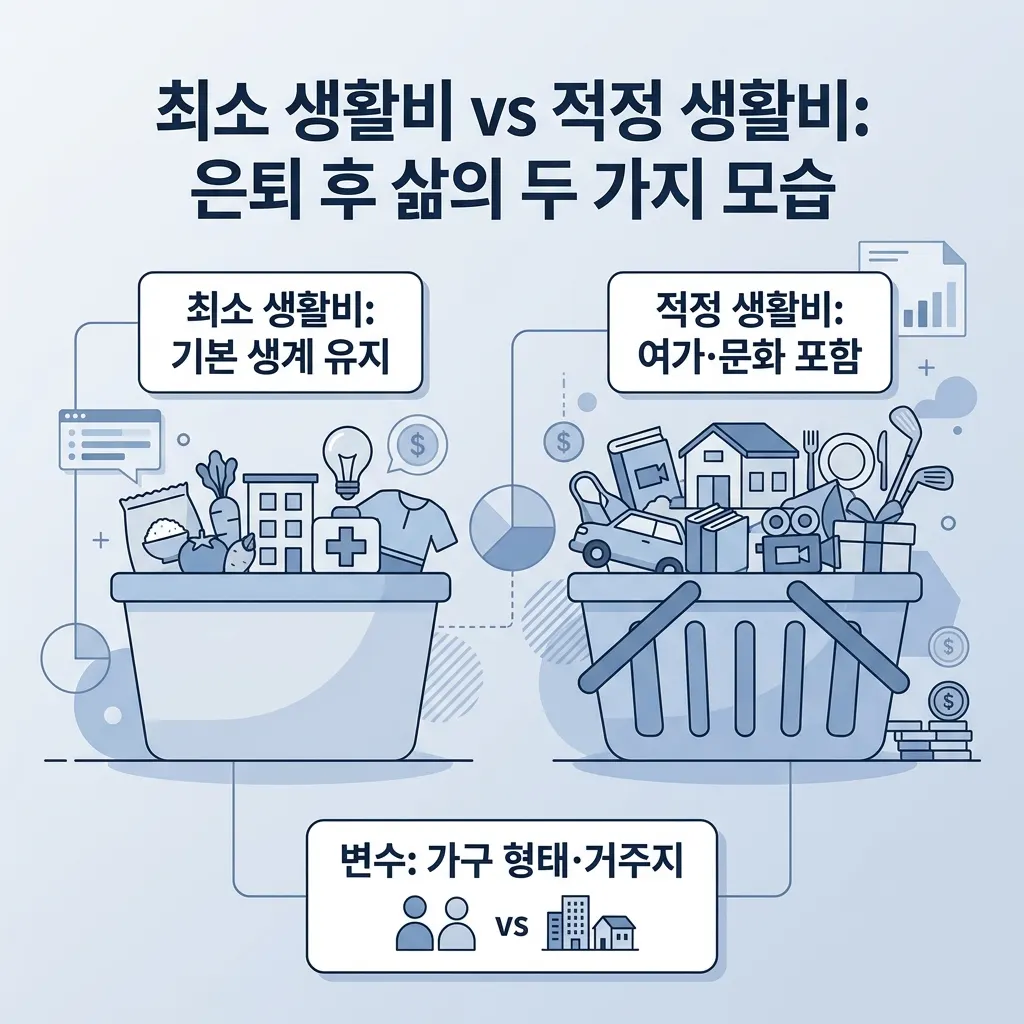 은퇴 적정 생활비와 최소 생활비의 차이를 항목별로 비교한 노후 생활비 개념도