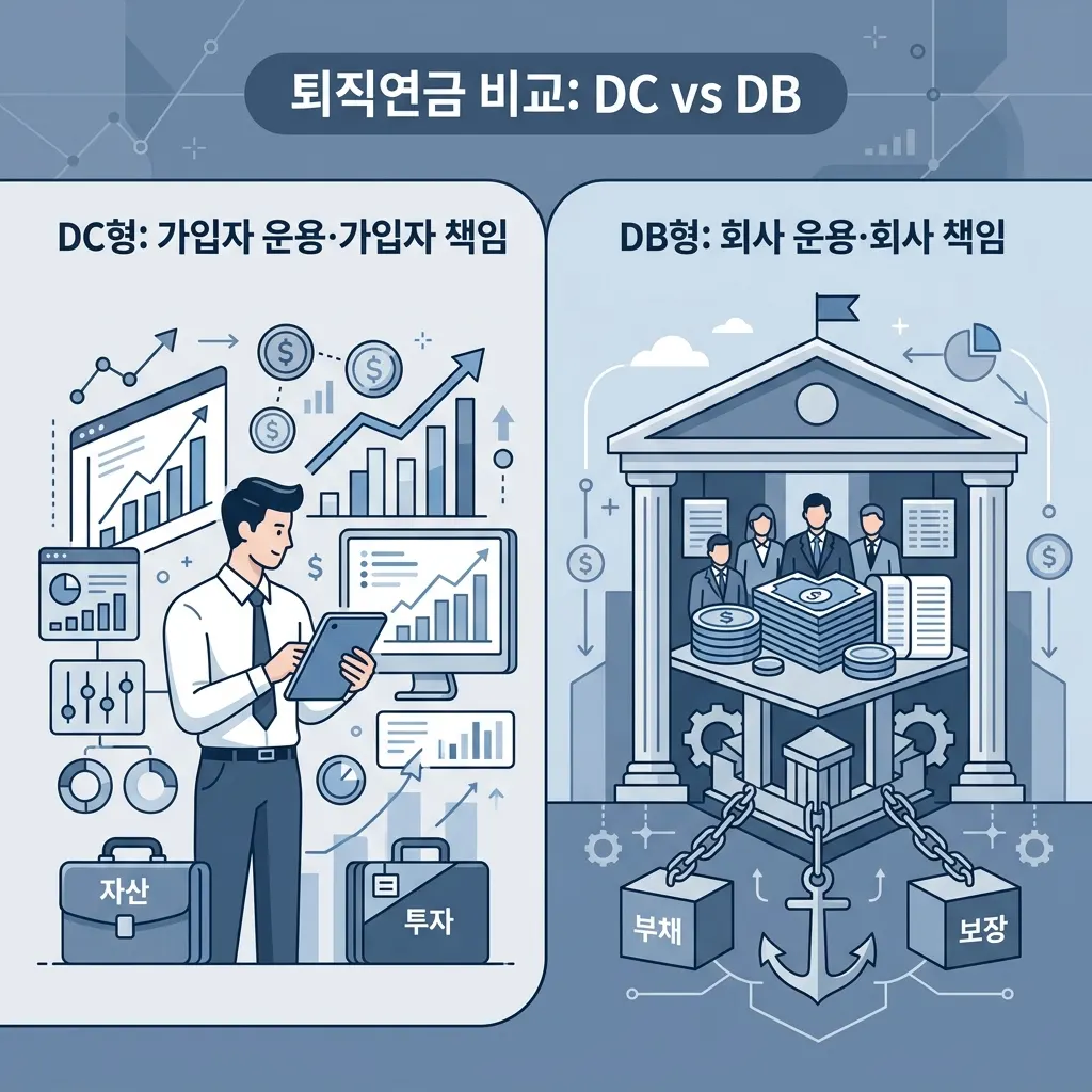 퇴직연금 DC형과 DB형의 운용주체와 수익책임 구조 도식
