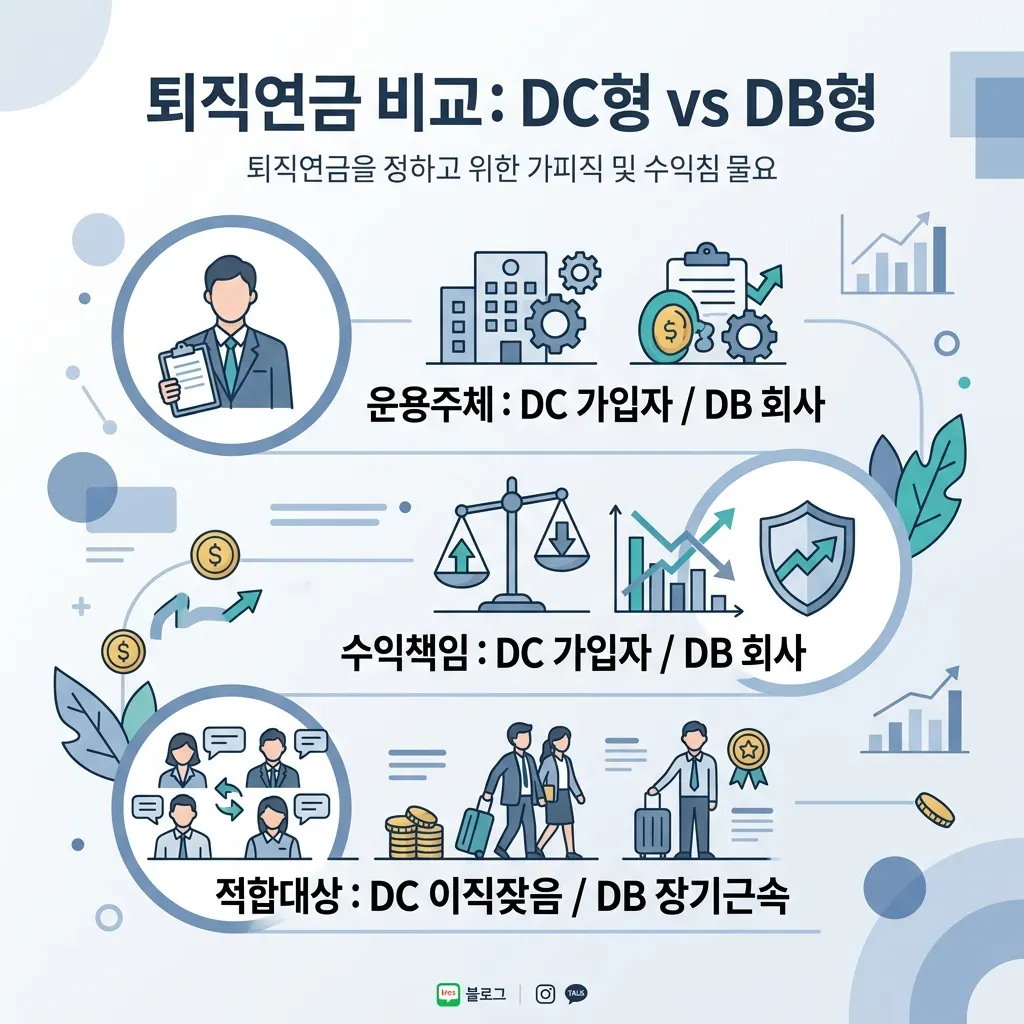 퇴직연금 DC형 DB형 운용주체 수익책임 적합대상 비교표 도식