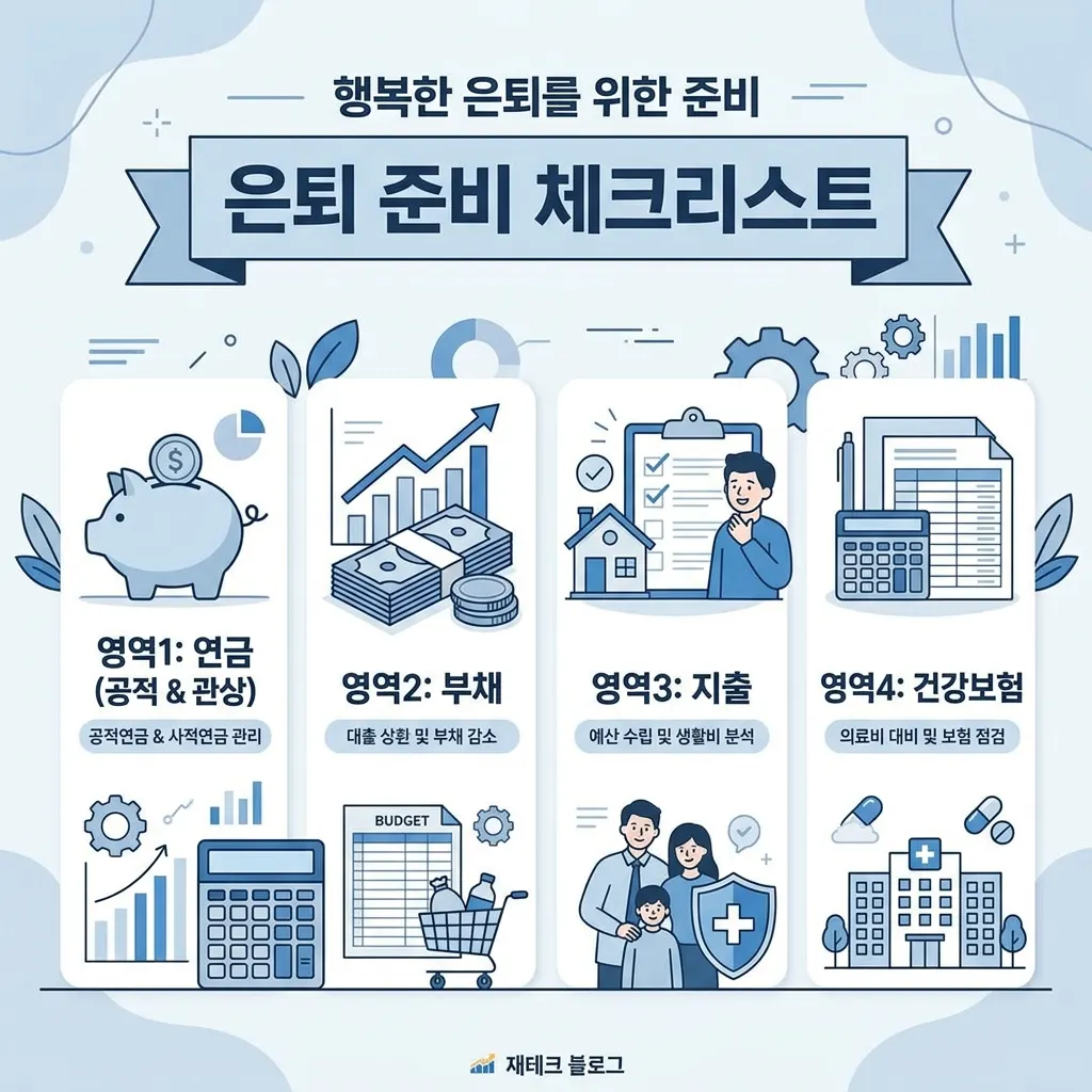 50대 은퇴 준비 4개 점검 영역인 연금 부채 지출 건강보험 구조도