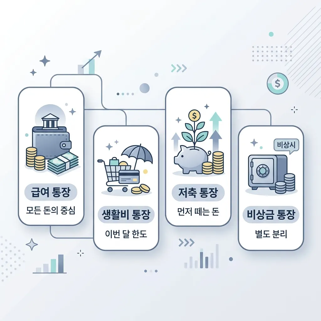 월급 관리를 위해 급여 생활비 저축 비상금으로 통장을 쪼갠 구조도