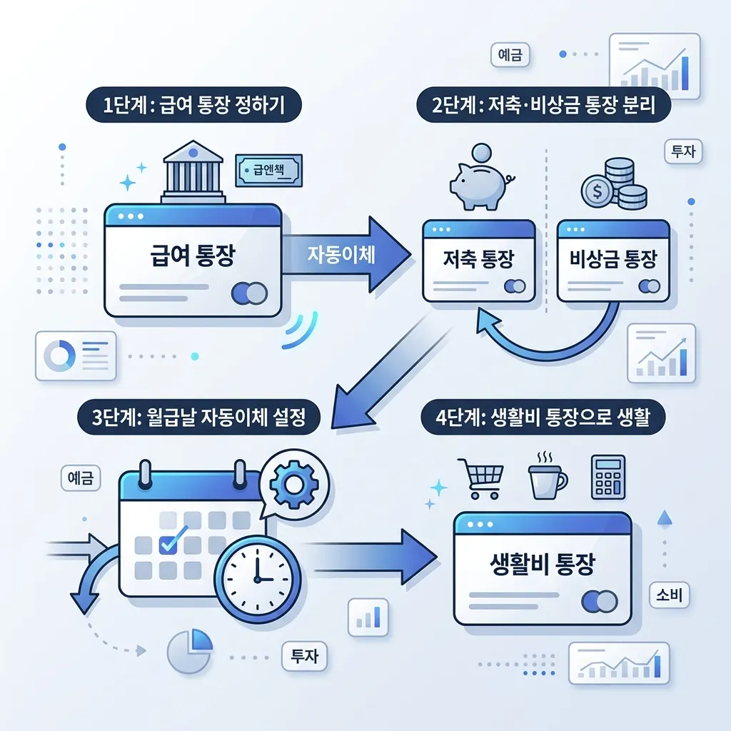 월급날 급여 통장에서 생활비 저축 비상금 통장으로 자동이체를 거는 통장 쪼개기 세팅 절차도