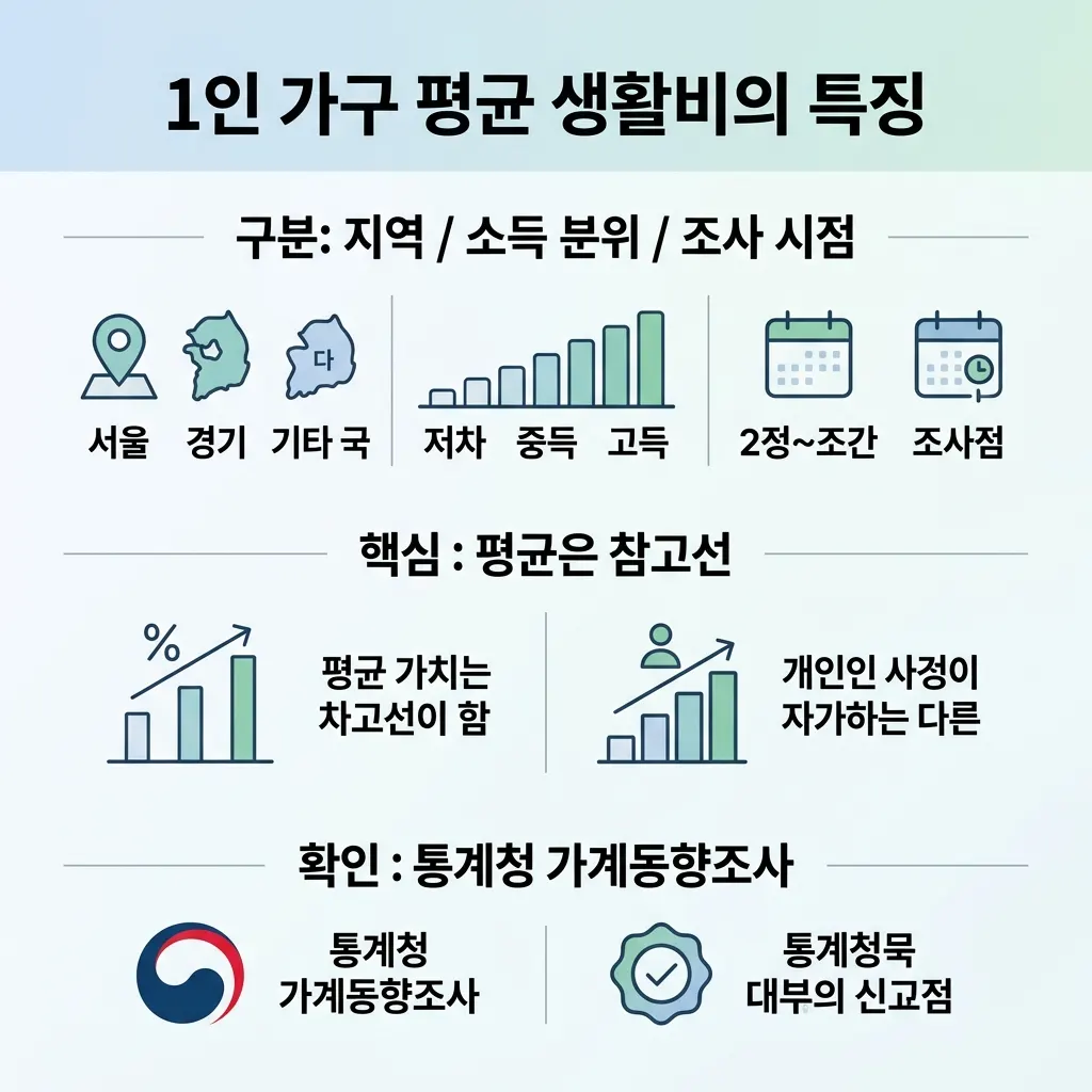 1인 가구 평균 생활비가 지역과 소득에 따라 달라지는 구조를 설명한 도식