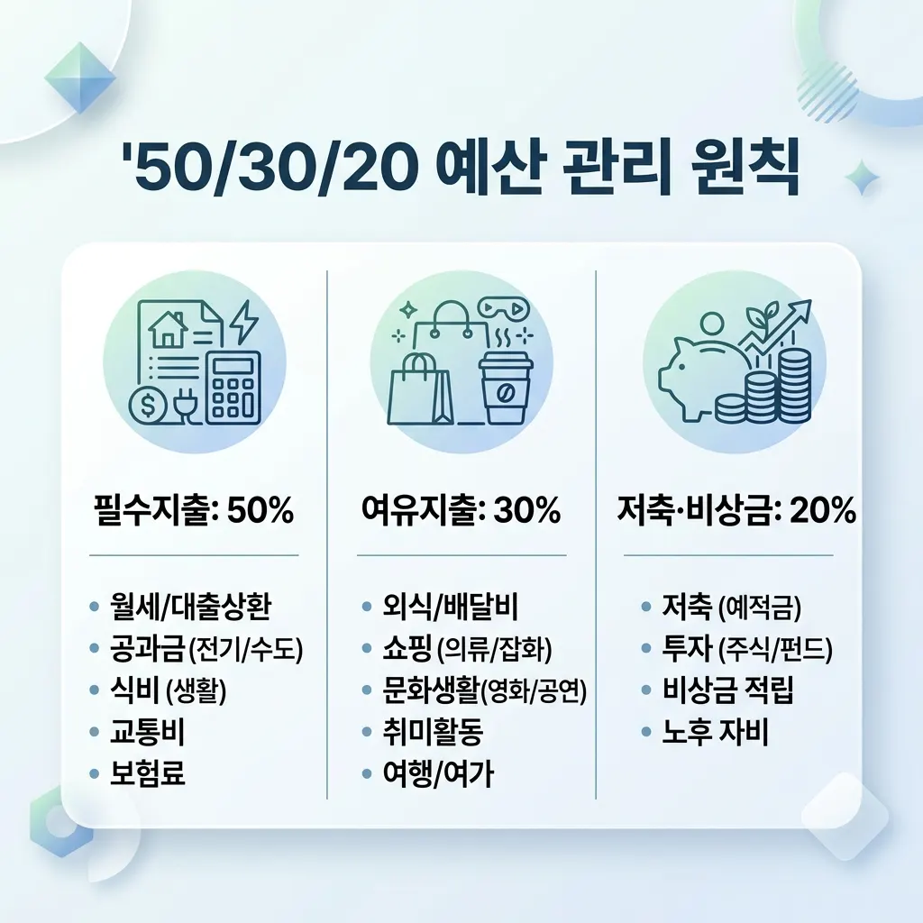 50 30 20 원칙으로 1인 가구 소득을 필수지출 여유지출 저축으로 나눈 예산 배분도
