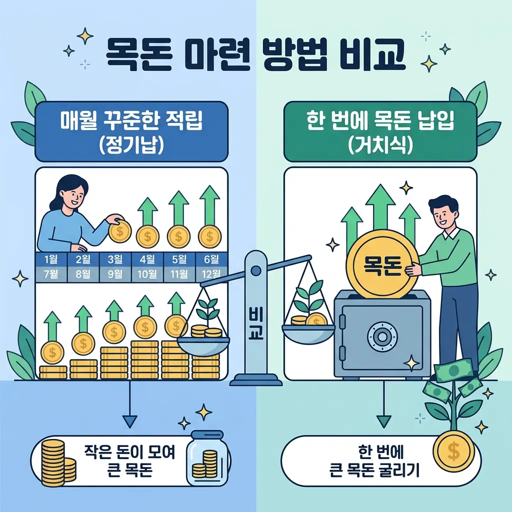 적립식 분할 매수와 거치식 일괄 매수의 차이를 비교한 도식